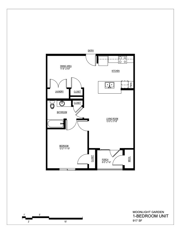Floor plan of a 1-bedroom, 1-bathroom Moonlight Apartments unit in Austin, TX