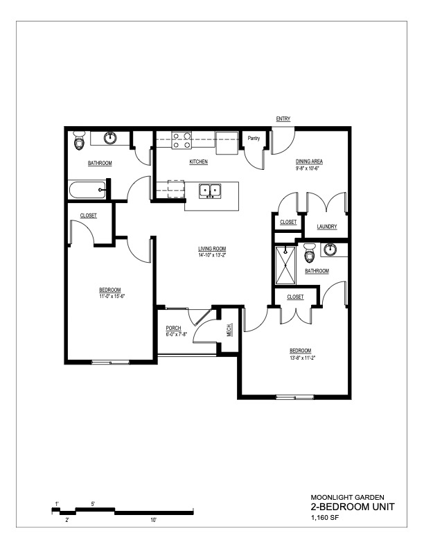 Floor plan for a 2-bedroom, 2-bathroom unit at Moonlight Apartments in Austin, TX