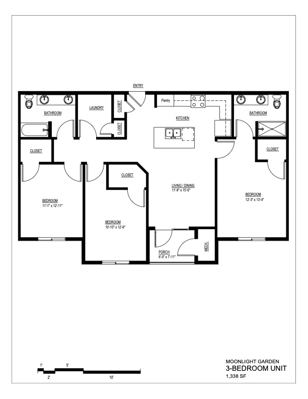 Floor plan for a 3-bedroom, 2-bathroom unit at Moonlight Apartments in Austin, TX
